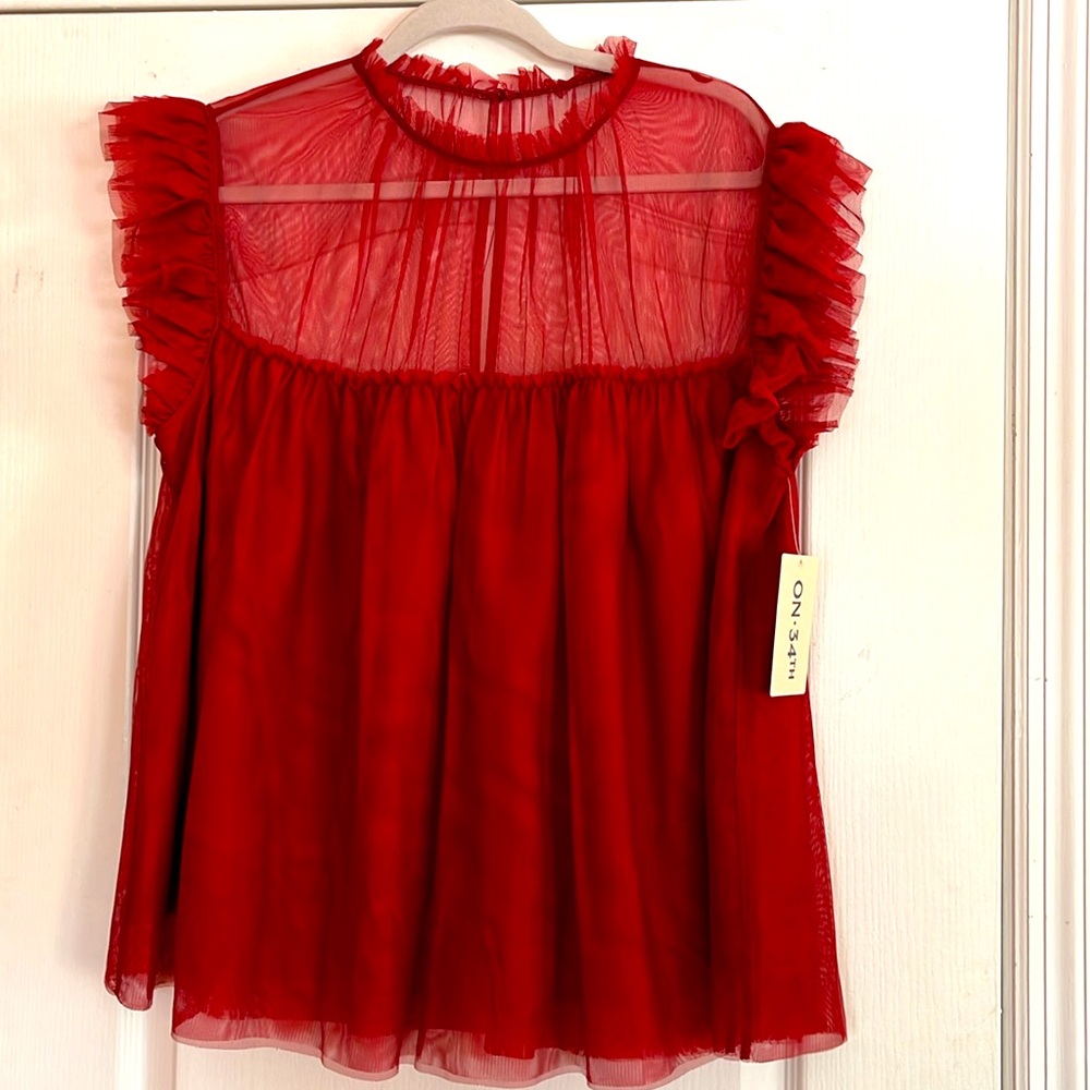 ❤️ Red Baby Doll Party Top • Ruffles & Sheer Tulle • Size L • On 34th